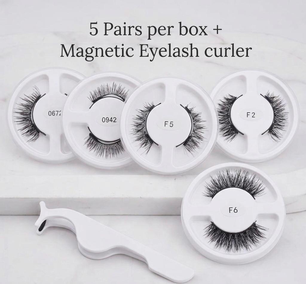 5 Pairs 3D Magnetic Lashes Kit with Curler Natural Soft Magnetic False Eyelashes No Glue Needed Fluffy Reusable Make Up